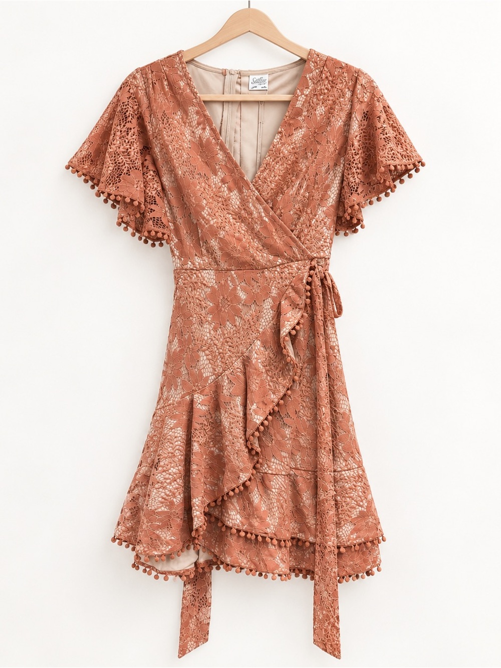 Selfie Leslie Rose Lace Wrap Dress Pom Pom Ruffle Mini XL NWT